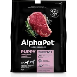 AlphaPet Superpremium сухой полнорационный корм для щенков, беременных и кормящих собак средних пород с говядиной и рисом, 7 кг