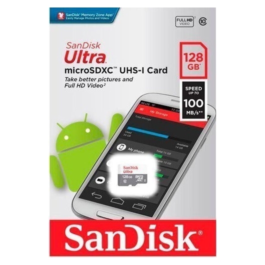 Карта памяти SANDISK 128GB microSDHC C10 UHS-I R100MB/s Ultra