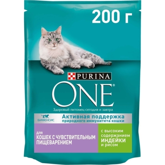 Сухой корм для кошек с чувствительным пищеварением Purina ONE с индейкой и рисом 200 г (3222270494052)