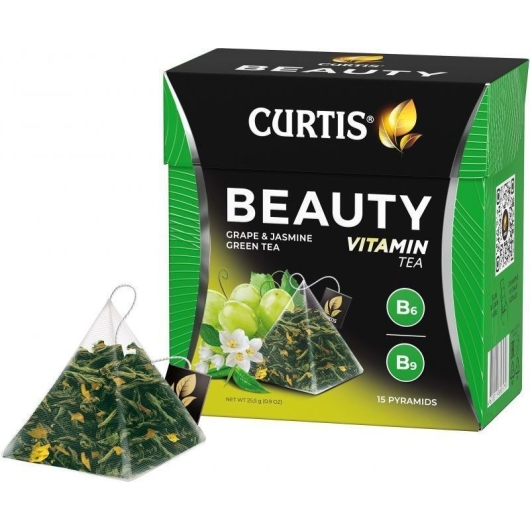 Чай зеленый CURTIS "Beauty" с кусочками винограда и витаминами В6 В9 фруктовый ароматизированный 15 пирамидок